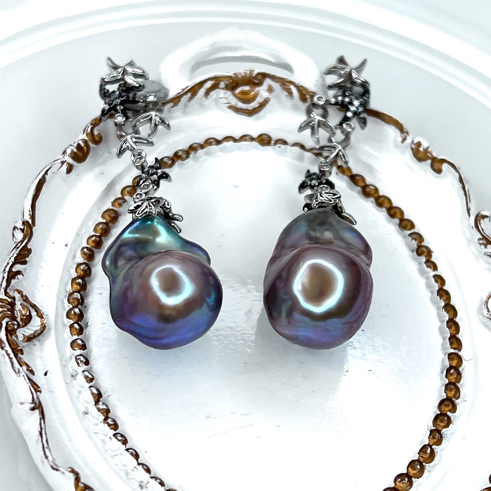 Handmade Blue Lavender Freshwater Big Size Flameball Pearl Starfish  Earrings - Picture 4 of 4
